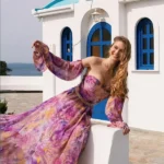 Γυναικείο Maxi Φόρεμα Off Shoulder Λιλά με Φλοράλ Σχέδια & Πλαϊνό Άνοιγμα  KM613