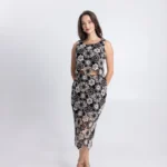 Κεντητό Σετ Μαύρο – Εκρού με Cropped Top και Midi Φούστα OPEN KM400